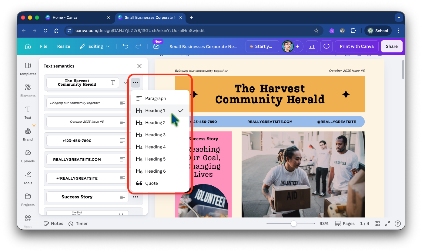Canva's text semantics. pane open with the option menu open for one item, showing options for paragraph, six heading levels, and quotation. The Heading 1 level is selected. The menu is highlighted with a red box.